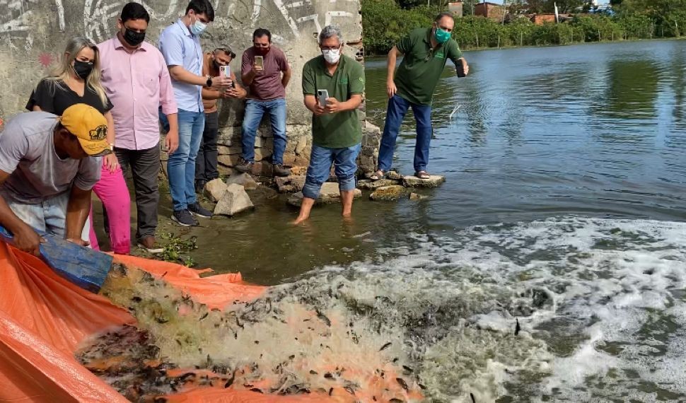 um homem joga um saco com alevinos num açude